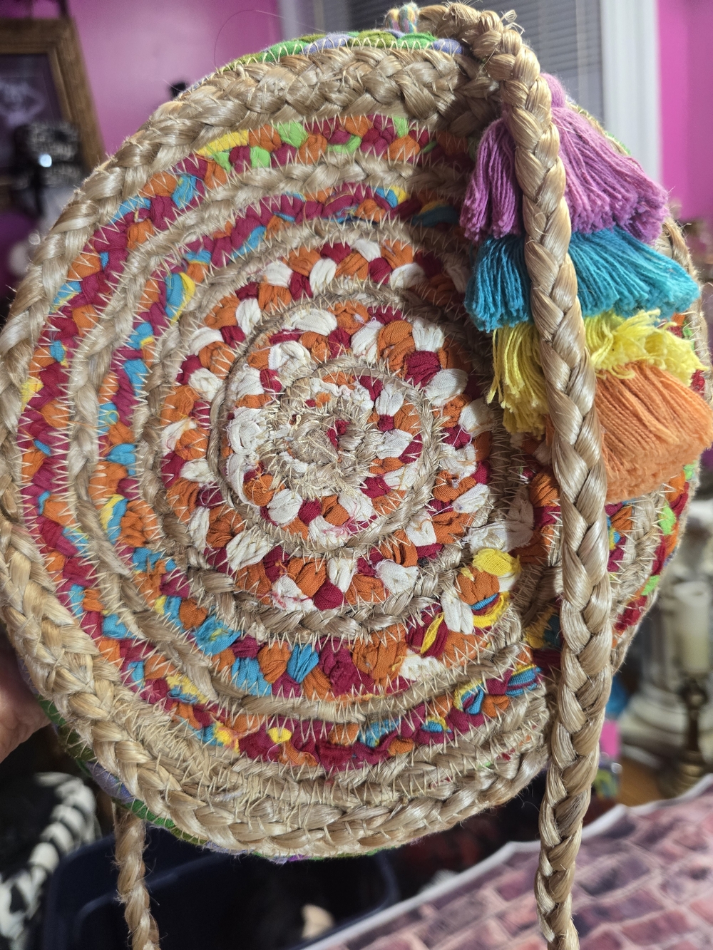 Shiraleah Natural Straw Crossbody Bag with Orange, Pink & Teal Accents